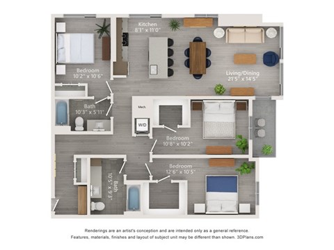 A floor plan of a two bedroom apartment with a living room, kitchen, and bathroom.